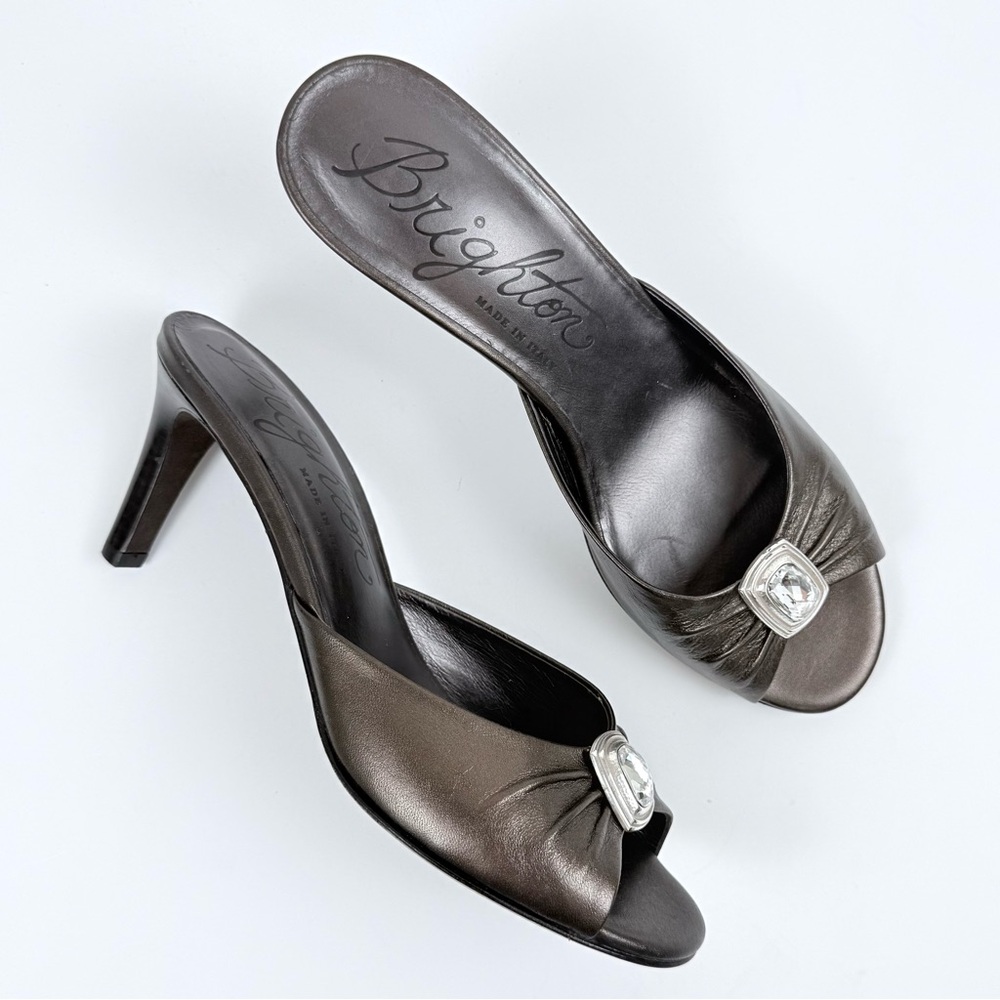 Brighton Russia Pewter Leather w/ Rhinestone Slide Sandal Mule Heels Size 8.5
